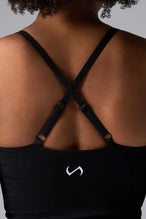 Front View Of Tempo Tank Bra in Black, provides the support and flexibility you need to perform and look your best.