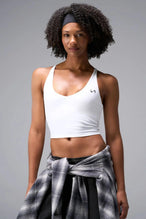 Front View Of Tempo Tank Bra in White, provides the support and flexibility you need to perform and look your best.
