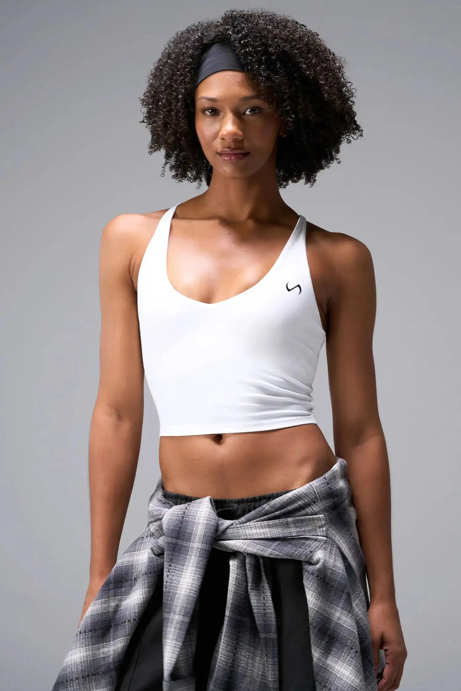 Front View Of Tempo Tank Bra in White, provides the support and flexibility you need to perform and look your best.