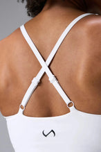 Back View Of Tempo Tank Bra in White, provides the support and flexibility you need to perform and look your best.