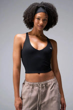Front View Of Tempo Tank Bra in Black, provides the support and flexibility you need to perform and look your best.