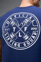 Back View of Blue TLF Cross weights Swole Tee featuring our swole fit and custom graphic print design on center back