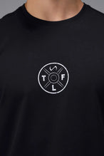 Back View of Black TLF Cross weights Swole Tee featuring our swole fit and custom graphic print design on center back