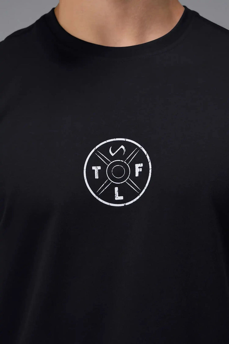 Back View of Black TLF Cross weights Swole Tee featuring our swole fit and custom graphic print design on center back