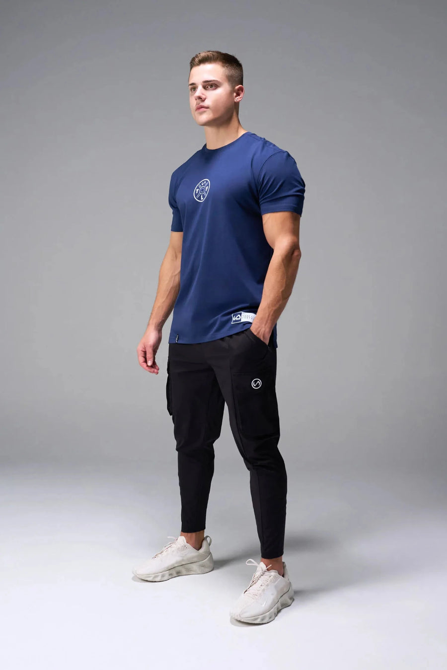 Front View of Blue TLF Cross weights Swole Tee featuring our swole fit and custom graphic print design on center back