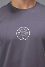 Detail Front View of Purple TLF Cross weights Swole Tee featuring our swole fit and custom graphic print design on center back