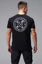 Back View of Black TLF Cross weights Swole Tee featuring our swole fit and custom graphic print design on center back