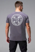 Back View of Purple TLF Cross weights Swole Tee featuring our swole fit and custom graphic print design on center back