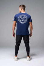 Back View of Blue TLF Cross weights Swole Tee featuring our swole fit and custom graphic print design on center back