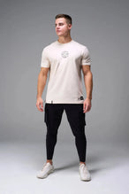 Front View of Oatmilk TLF Cross weights Swole Tee featuring our swole fit and custom graphic print design on center back