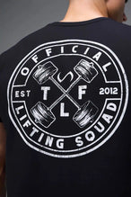 Back View of Black TLF Cross weights Swole Tee featuring our swole fit and custom graphic print design on center back