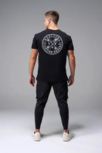 Back View of Black TLF Cross weights Swole Tee featuring our swole fit and custom graphic print design on center back