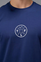 Front View of Blue TLF Cross weights Swole Tee featuring our swole fit and custom graphic print design on center back