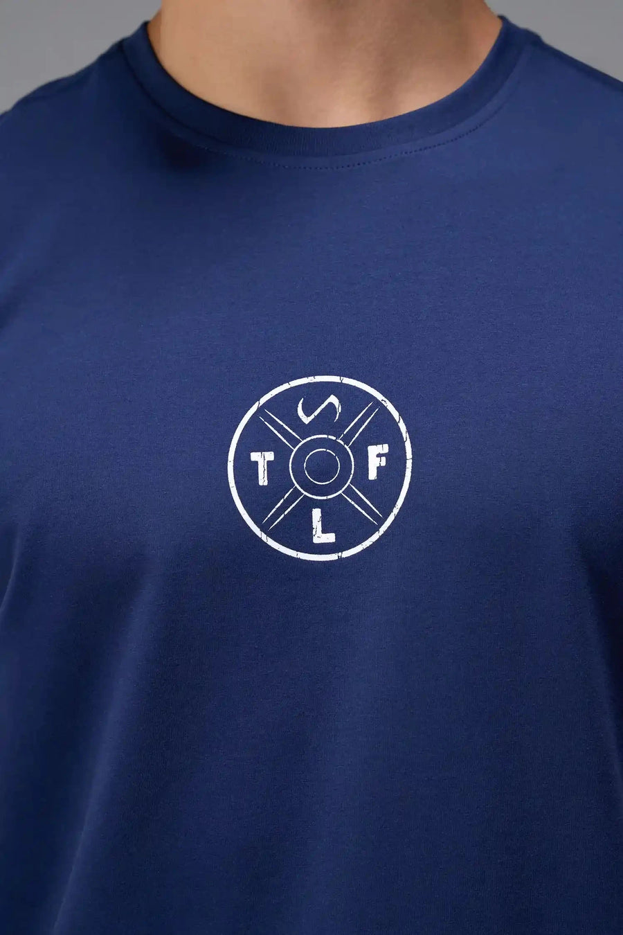 Front View of Blue TLF Cross weights Swole Tee featuring our swole fit and custom graphic print design on center back