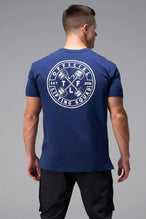 Back View of Blue TLF Cross weights Swole Tee featuring our swole fit and custom graphic print design on center back
