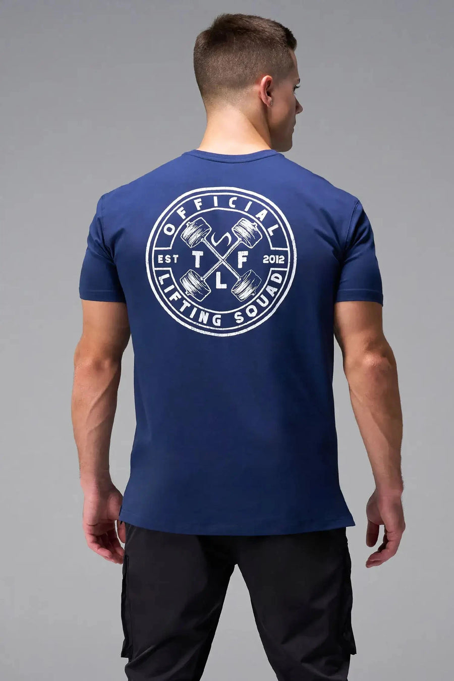 Back View of Blue TLF Cross weights Swole Tee featuring our swole fit and custom graphic print design on center back