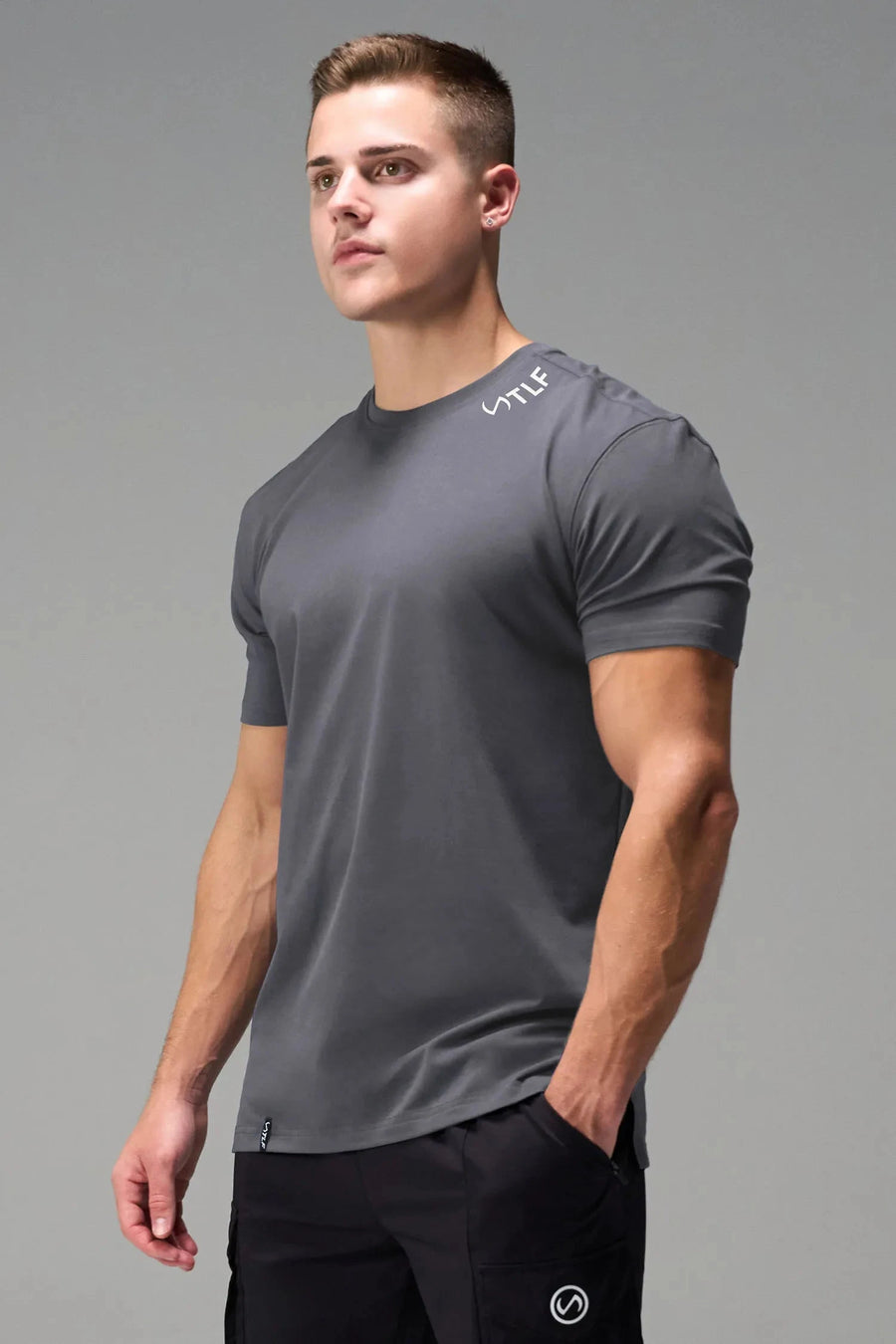 Sode View Of TLF Swole Tee in Blackened Pearl Color