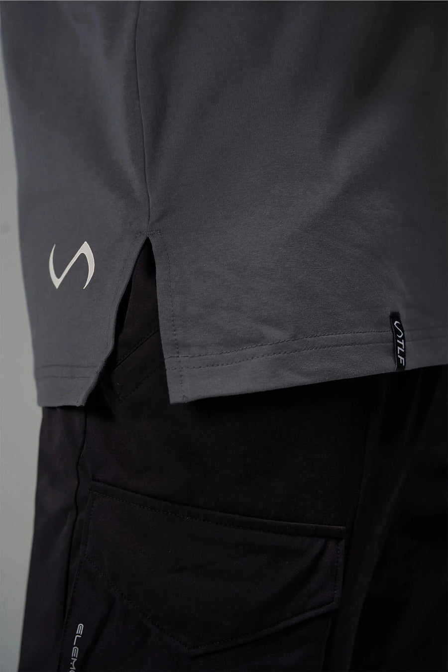 Side View Of TLF Swole Tee in Blackened Pearl Color