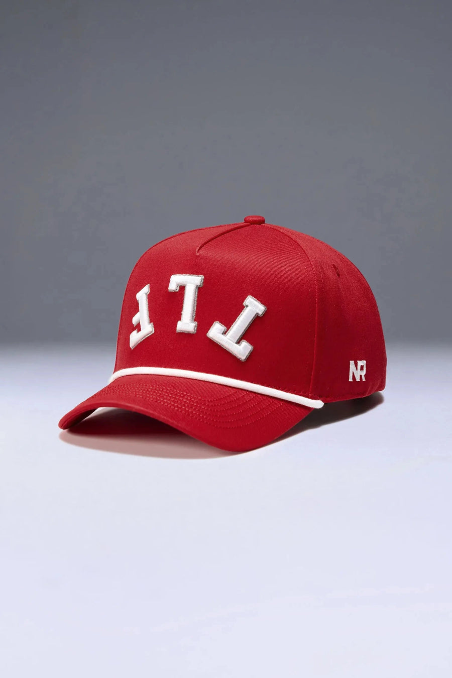 Front View Of TLF x NR Snapback Flipped Rope Hat in Red Color