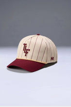 Front View Of TLF x NR Snapback Pinstripe Hat in Natural And Wine Color