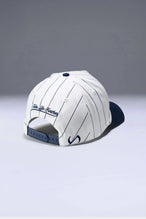 Back View Of TLF x NR Snapback Pinstripe Hat in White And Blue Color