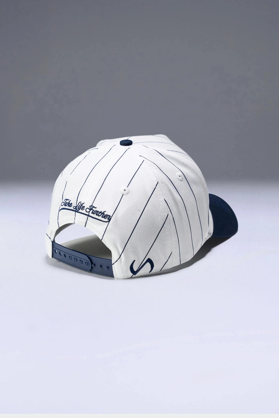 Back View Of TLF x NR Snapback Pinstripe Hat in White And Blue Color