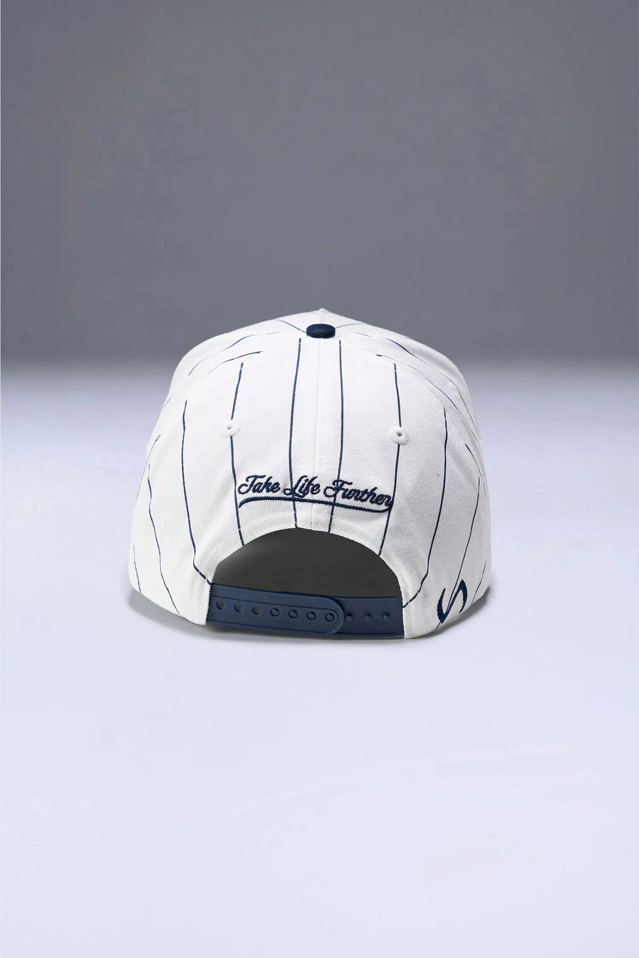Back View Of TLF x NR Snapback Pinstripe Hat in White And Blue Color