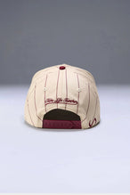 Back View Of TLF x NR Snapback Pinstripe Hat in Natural And Wine Color