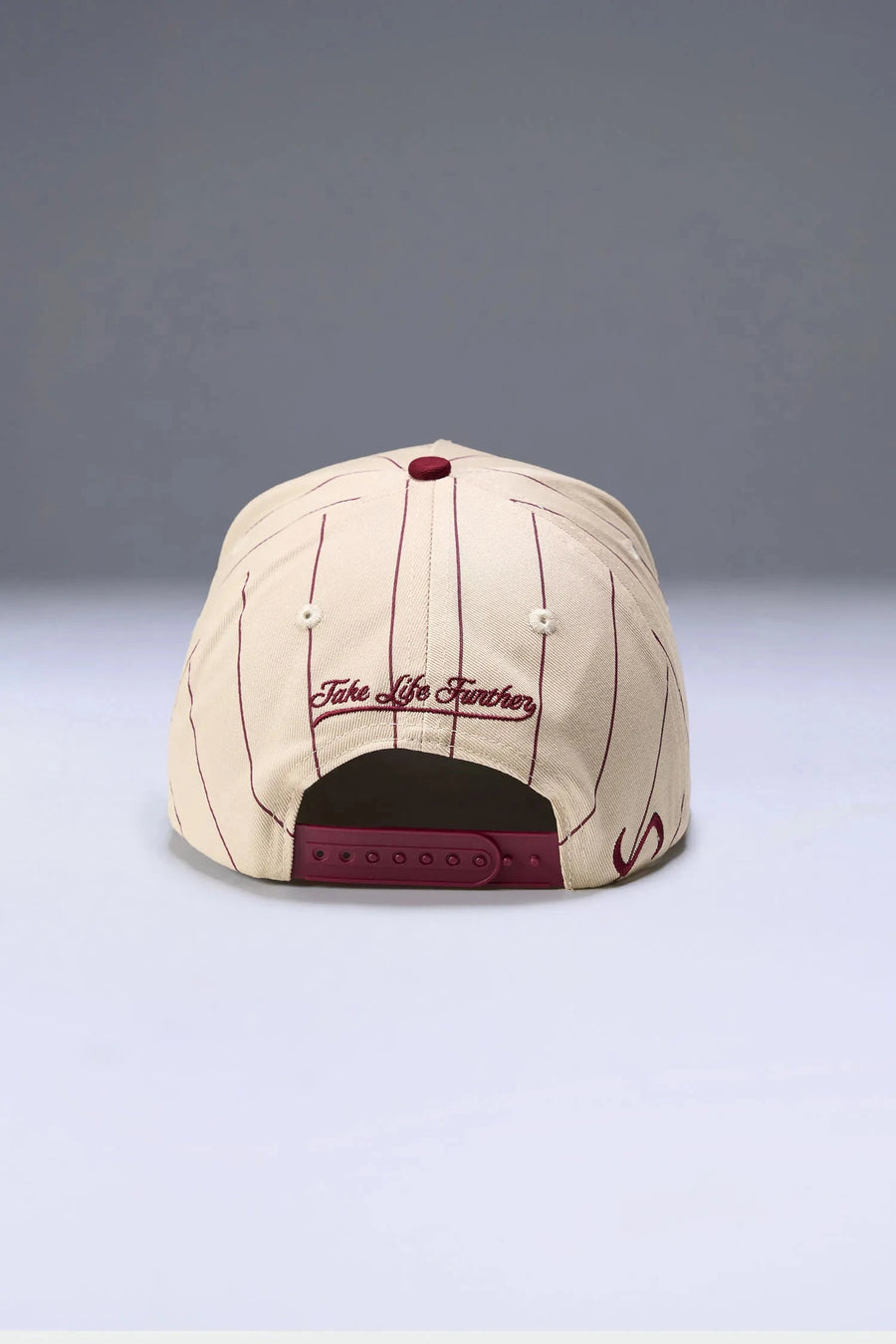 Back View Of TLF x NR Snapback Pinstripe Hat in Natural And Wine Color