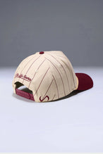 Side View Of TLF x NR Snapback Pinstripe Hat in Natural And Wine Color