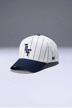 Front View Of TLF x NR Snapback Pinstripe Hat in White And Blue Color