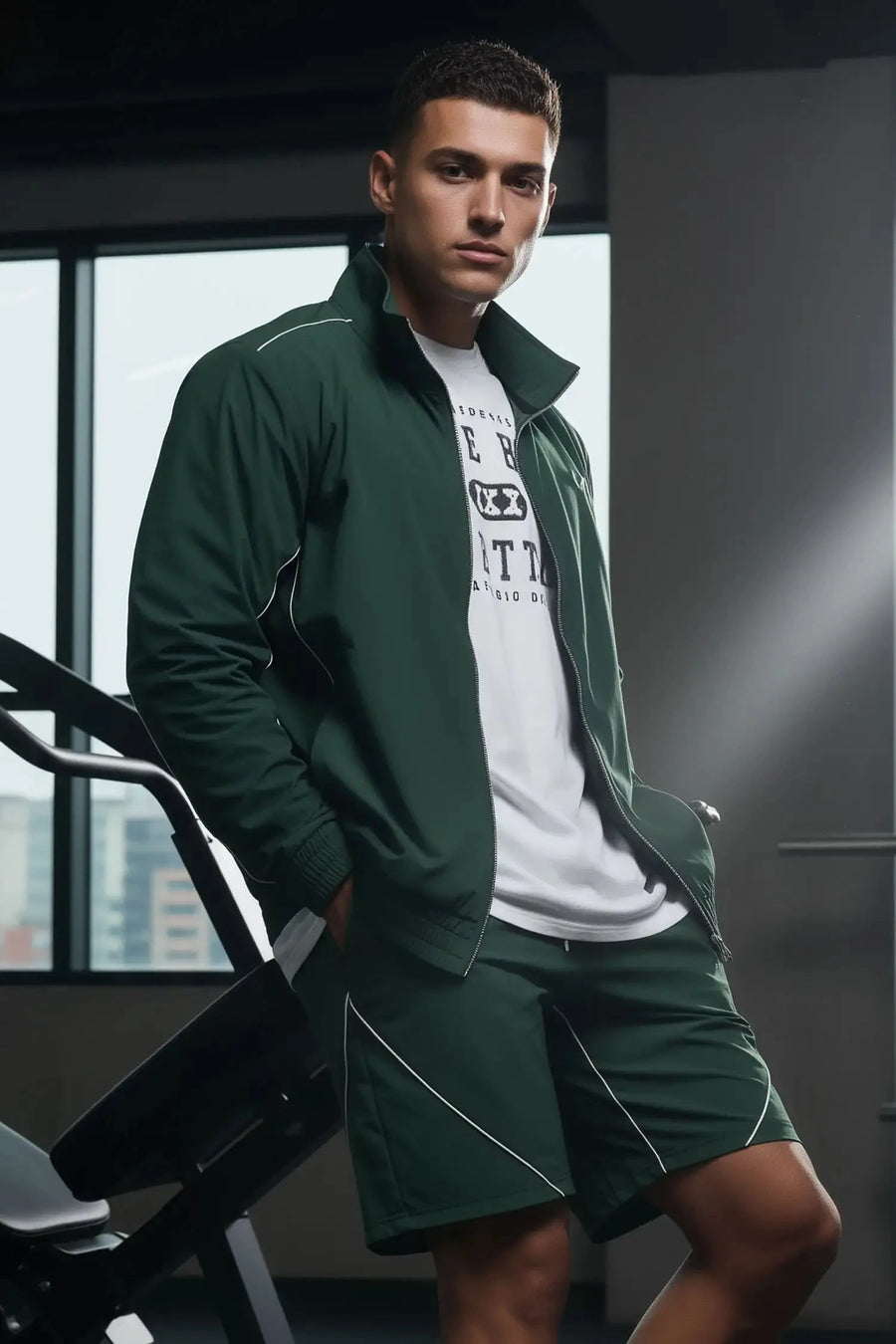 Front View of Green TLF Track Jacket (Men’s GTS Gym-To-Street Edition) with mesh lining, reflective piping, and premium trims for all-day Gym-To-Street wear. 