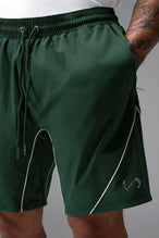 Front View of Green TLF Track Shorts (Men’s GTS Gym-To-Street Edition) featuring side zipper pockets, mesh lining and reflective piping details.