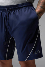 Front View of Blue TLF Track Shorts (Men’s GTS Gym-To-Street Edition) featuring side zipper pockets, mesh lining and reflective piping details.