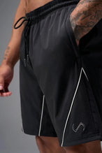 Front View of Black TLF Track Shorts (Men’s GTS Gym-To-Street Edition) featuring side zipper pockets, mesh lining and reflective piping details.