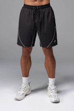 Front View of Black TLF Track Shorts (Men’s GTS Gym-To-Street Edition) featuring side zipper pockets, mesh lining and reflective piping details.