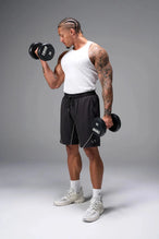Front View of Black TLF Track Shorts (Men’s GTS Gym-To-Street Edition) featuring side zipper pockets, mesh lining and reflective piping details.