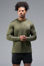 Front View of Green TLF Train Infi-Dry Long Sleeve, featuring our Infi-Dry fabric technology and reflective sleeve design for night running 
