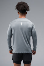 Back View of Gray TLF Train Infi-Dry Long Sleeve, featuring our Infi-Dry fabric technology and reflective sleeve design for night running 