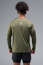Back View of Green TLF Train Infi-Dry Long Sleeve, featuring our Infi-Dry fabric technology and reflective sleeve design for night running 
