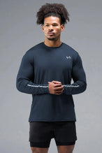Front View of Blue TLF Infi-Dry Long Sleeve, crafted with our custom swole fit and utilizing our infi-dry fabric technology 