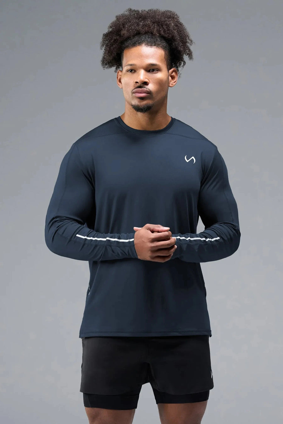 Front View of Blue TLF Infi-Dry Long Sleeve, crafted with our custom swole fit and utilizing our infi-dry fabric technology 
