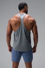 Back View of Gray TLF Infi Dry Stringer Tank featuring a physique enhancing design in our advanced Infi-Dry DNA fabric technology