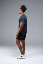 Side View of Blue TLF Infi-Dry Swole Tee, crafted with our custom swole fit and utilizing our infi-dry fabric technology 
