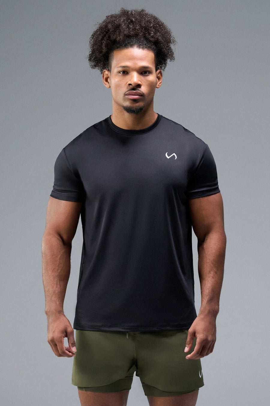 Front View of Black TLF Infi-Dry Swole Tee, crafted with our custom swole fit and utilizing our infi-dry fabric technology 