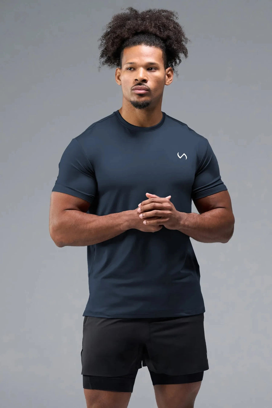 Front View of Blue TLF Infi-Dry Swole Tee, crafted with our custom swole fit and utilizing our infi-dry fabric technology 