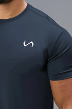 Detail View of Blue TLF Infi-Dry Swole Tee, crafted with our custom swole fit and utilizing our infi-dry fabric technology 