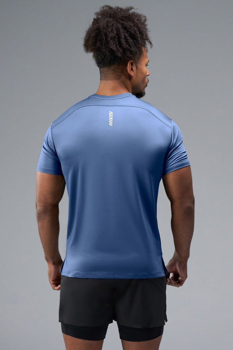 Back View of Blue TLF Infi-Dry Swole Tee, crafted with our custom swole fit and utilizing our infi-dry fabric technology