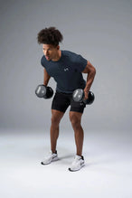 Side View of Blue TLF Infi-Dry Swole Tee, crafted with our custom swole fit and utilizing our infi-dry fabric technology