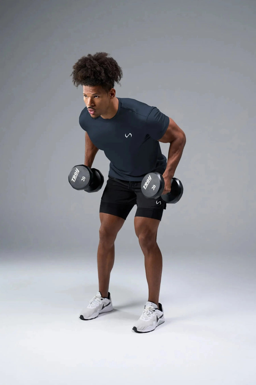 Side View of Blue TLF Infi-Dry Swole Tee, crafted with our custom swole fit and utilizing our infi-dry fabric technology